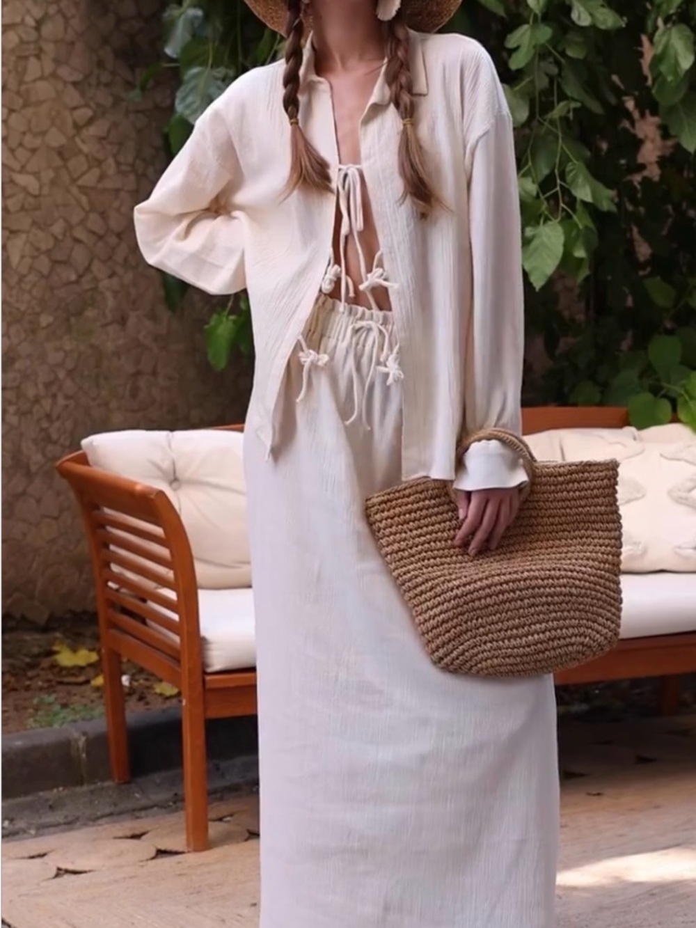 Long Sleeve Cream Maxi Dress with Tie Front